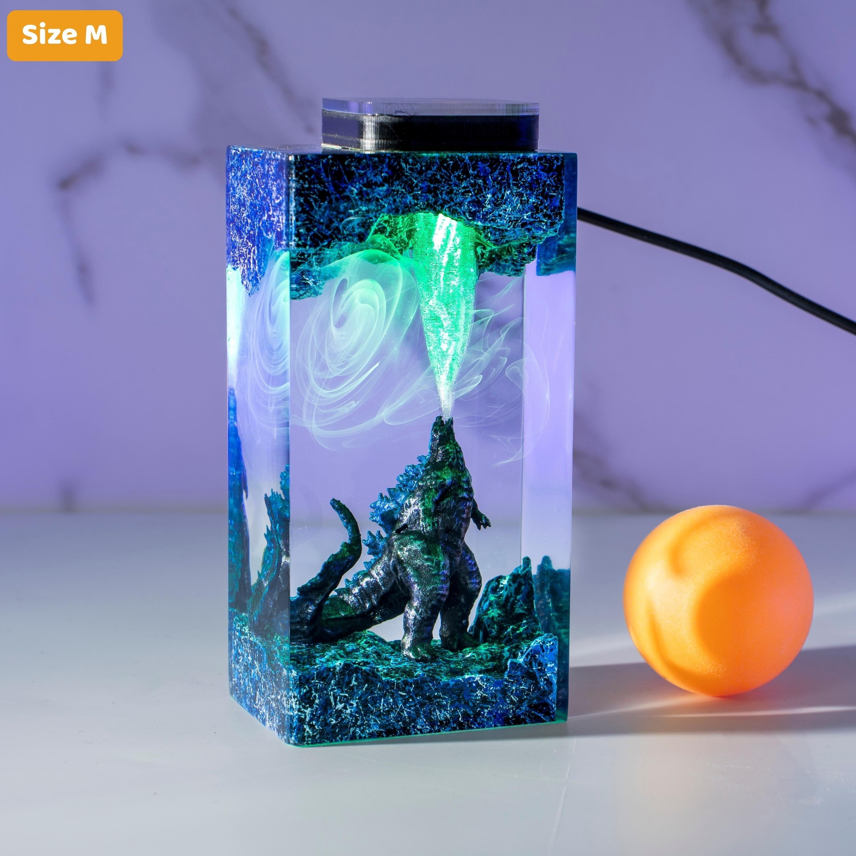 Handmade Beast Diorama Lamp – Epoxy Resin Night Light, godzilla resin lamp, godzilla gift wooden box