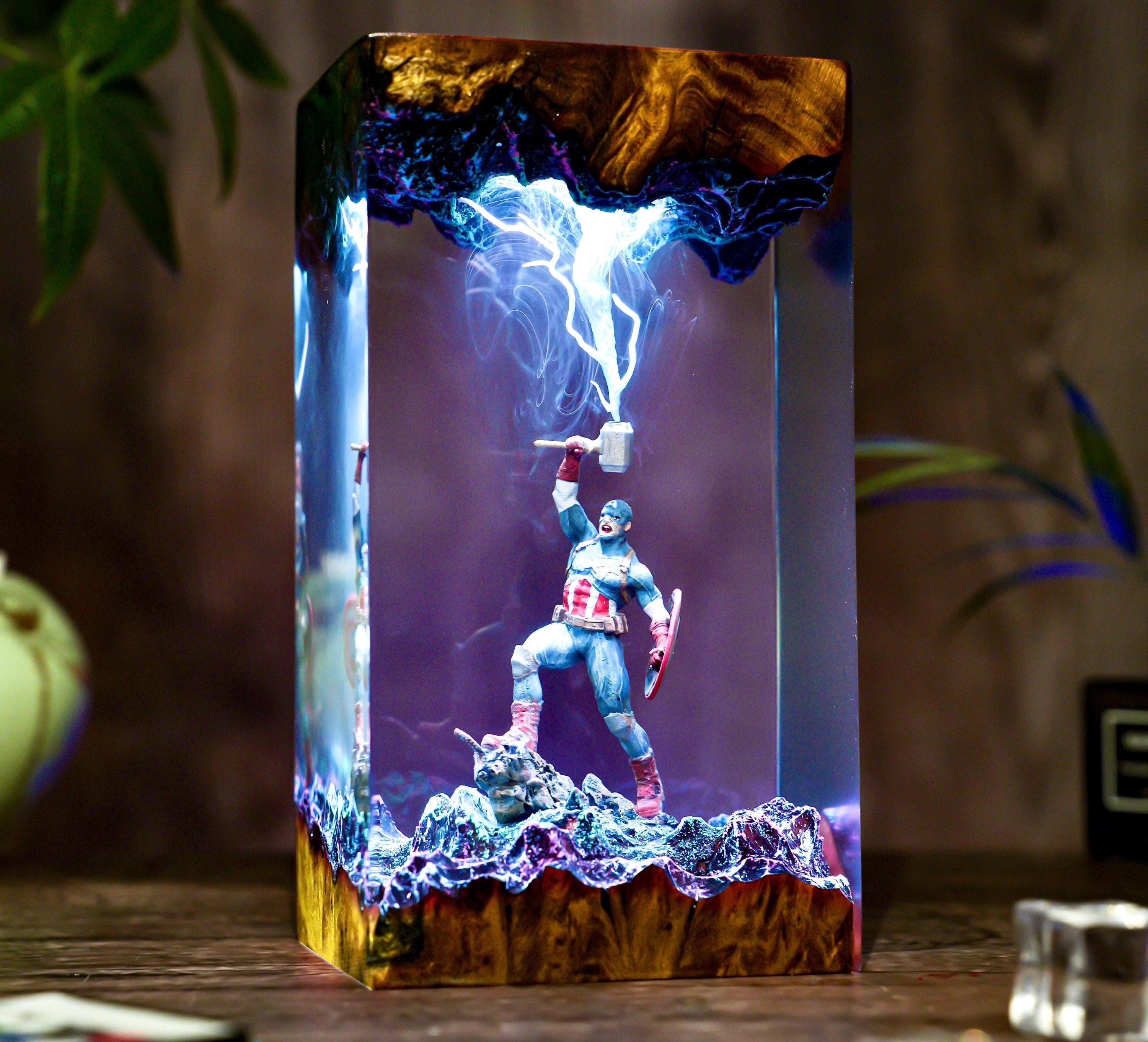 Captain resin wood lamp, Super Hero diorama lamp, thunder hammer Captain Night Light, Movie lamp, resin lamp Christmas gift for him