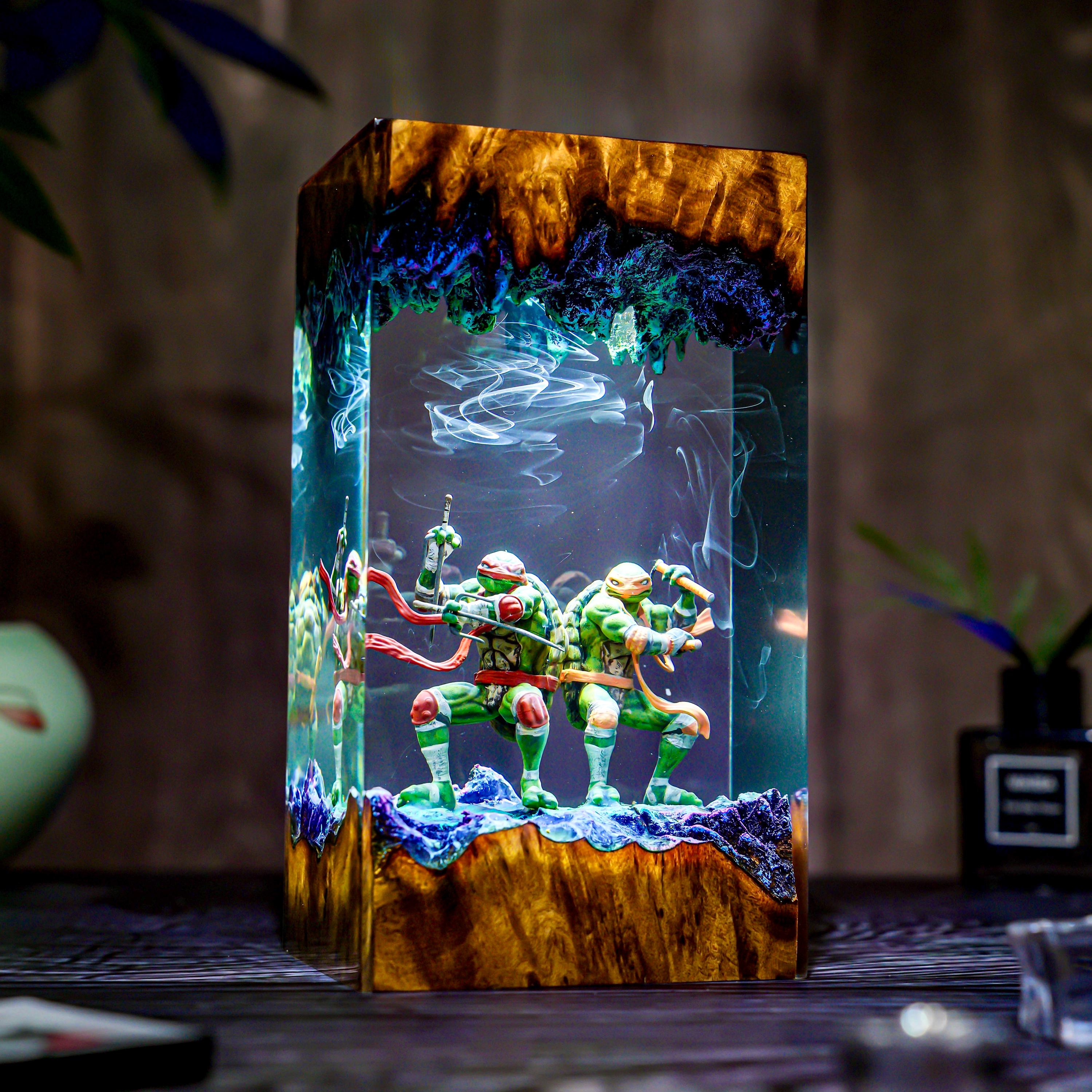 Warrior Turtle Lamp Diorama, Handmade Resin & Wood Night Light, Samurai Turtle Decor, Hero Sewer Lamp Gift, Christmas, gift for him