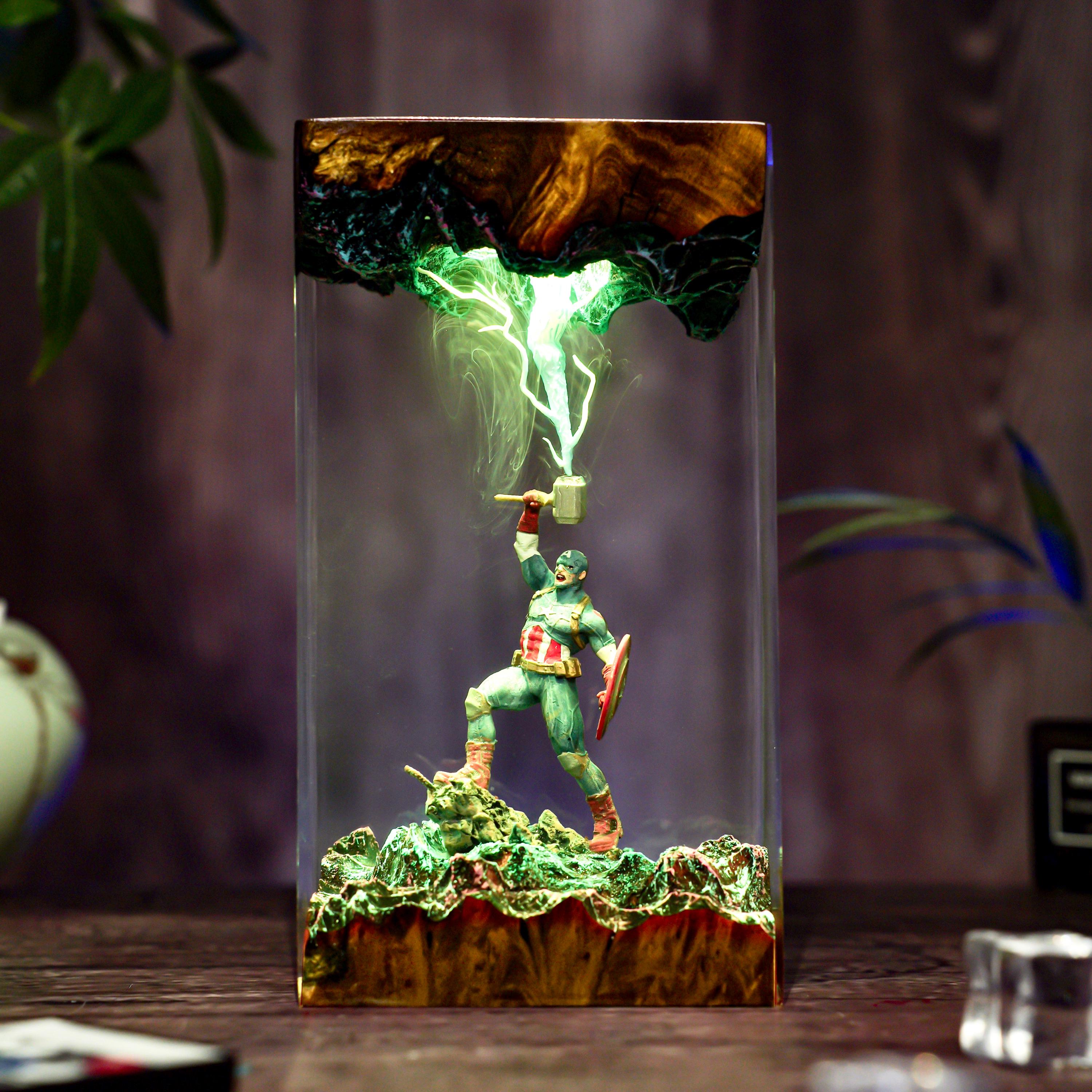 Captain resin wood lamp, Super Hero diorama lamp, thunder hammer Captain Night Light, Movie lamp, resin lamp Christmas gift for him