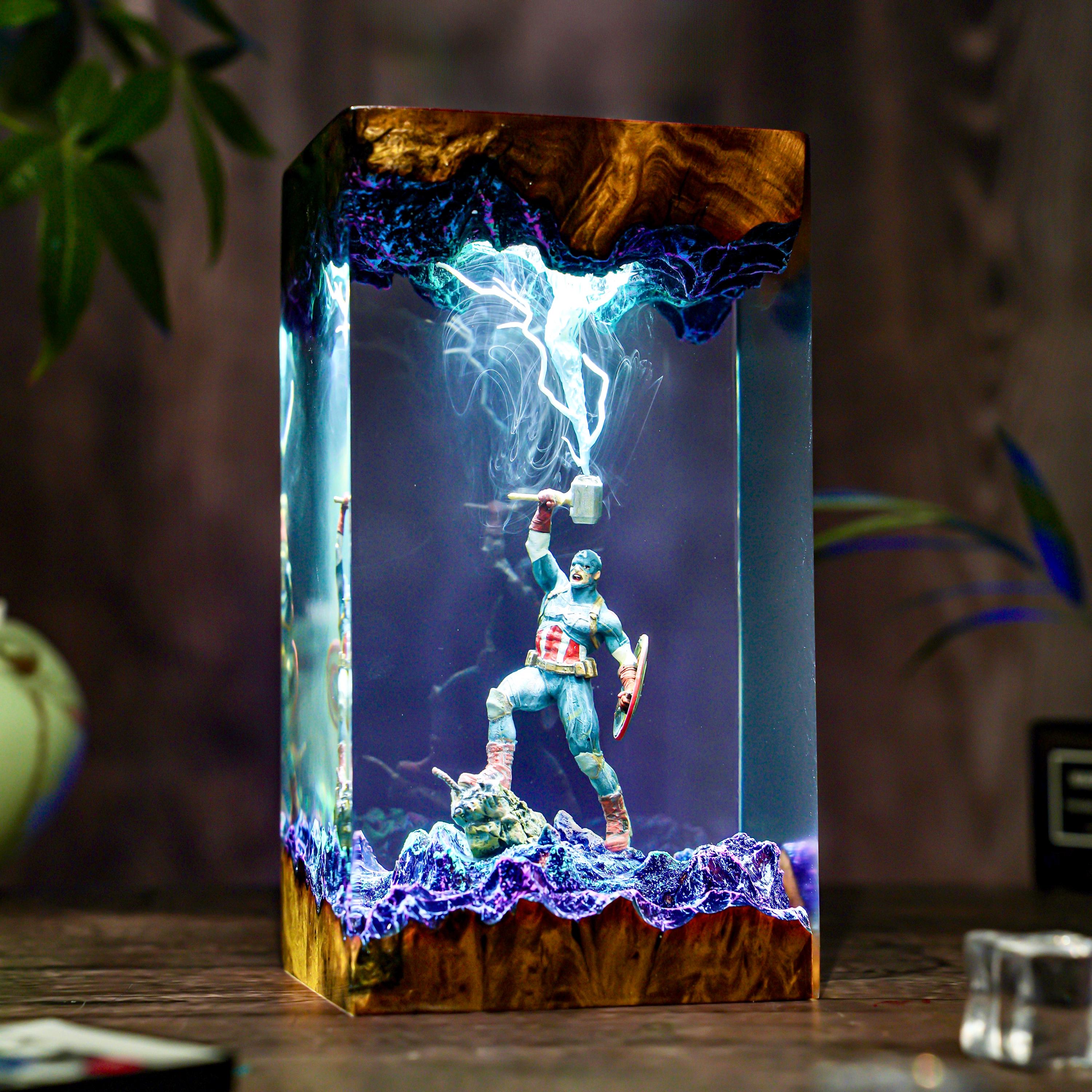 Captain resin wood lamp, Super Hero diorama lamp, thunder hammer Captain Night Light, Movie lamp, resin lamp Christmas gift for him