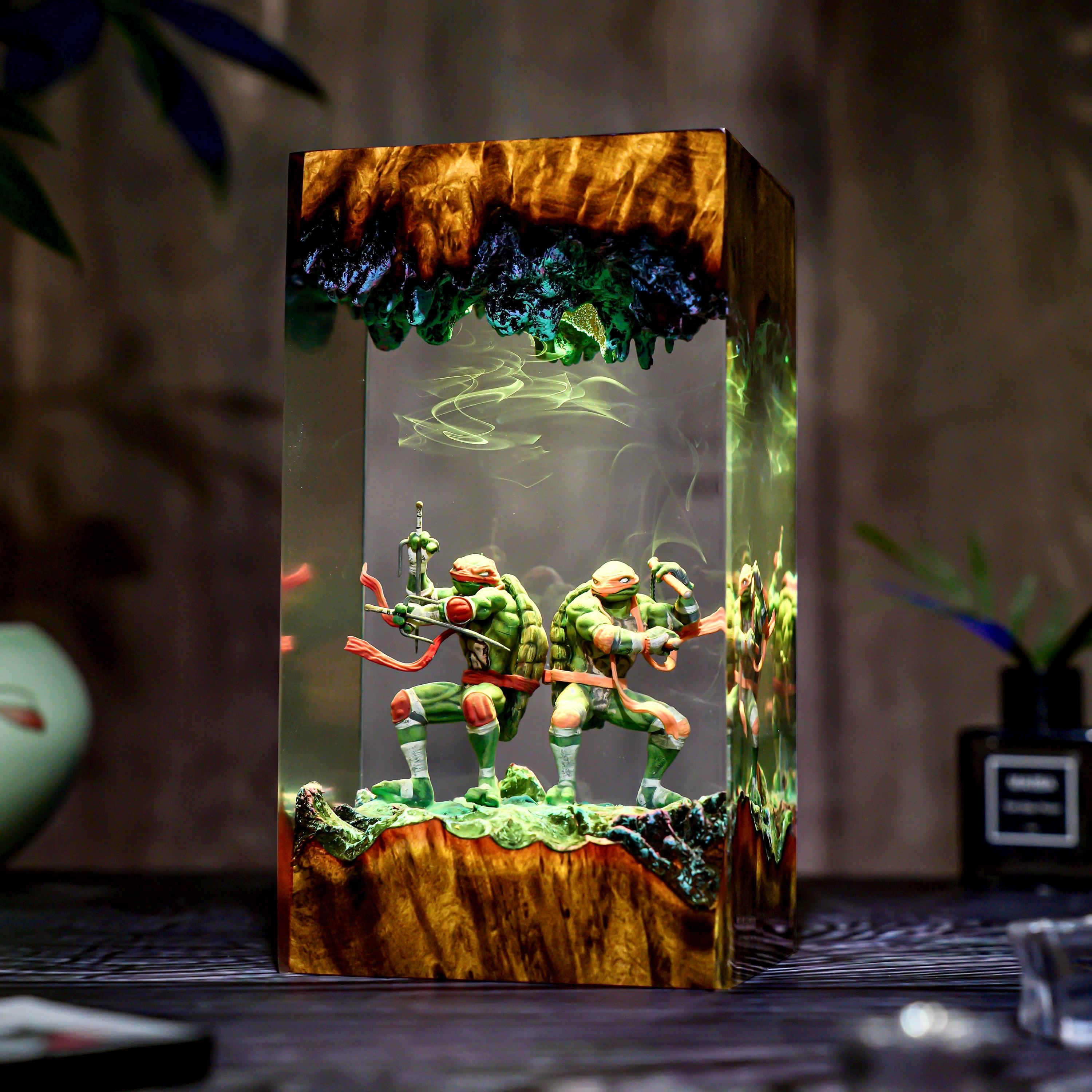 Warrior Turtle Lamp Diorama, Handmade Resin & Wood Night Light, Samurai Turtle Decor, Hero Sewer Lamp Gift, Christmas, gift for him