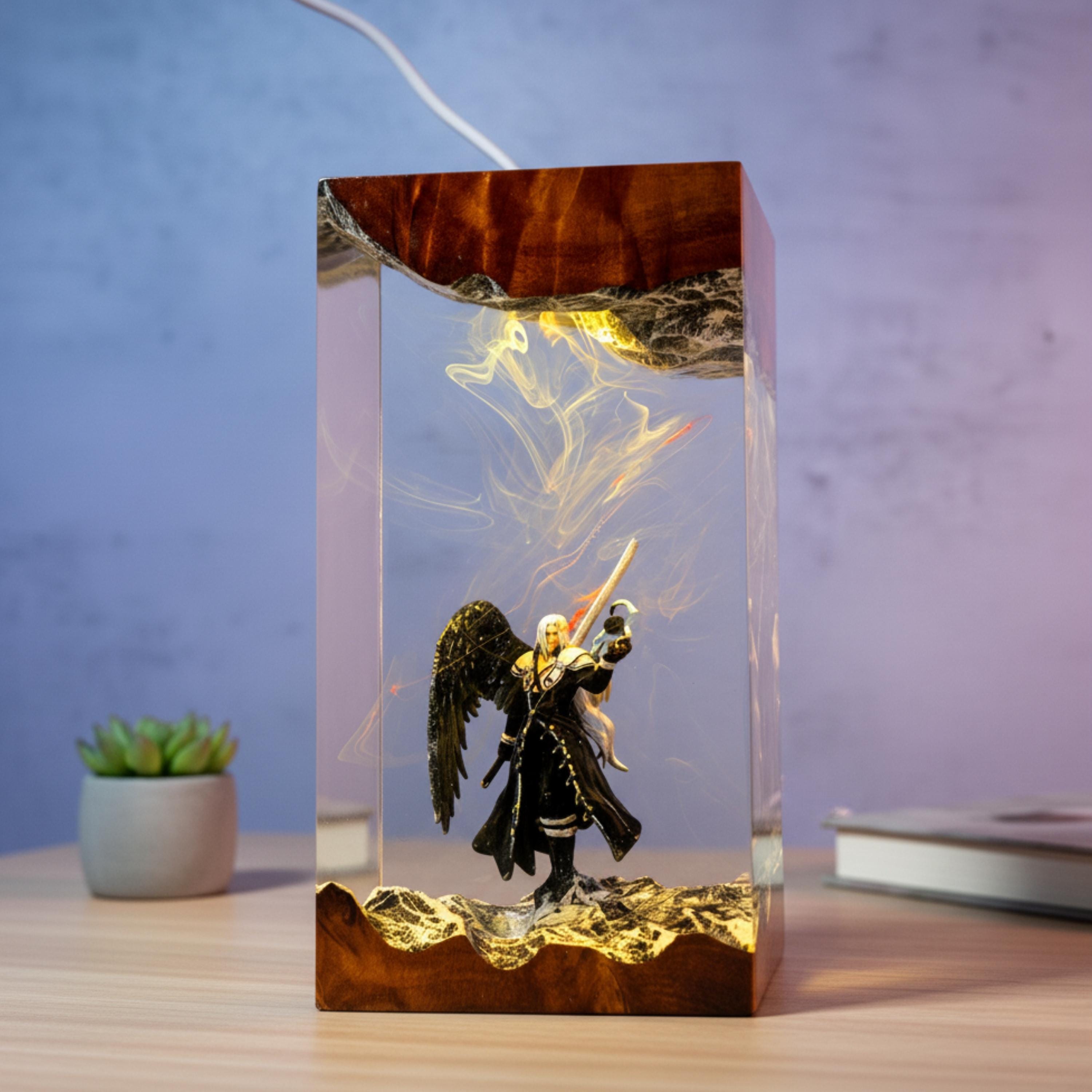 Custom Sephiroth and Cloud Resin Night Light, Epoxy Wood Night Lamp, FF7 Collector Gift