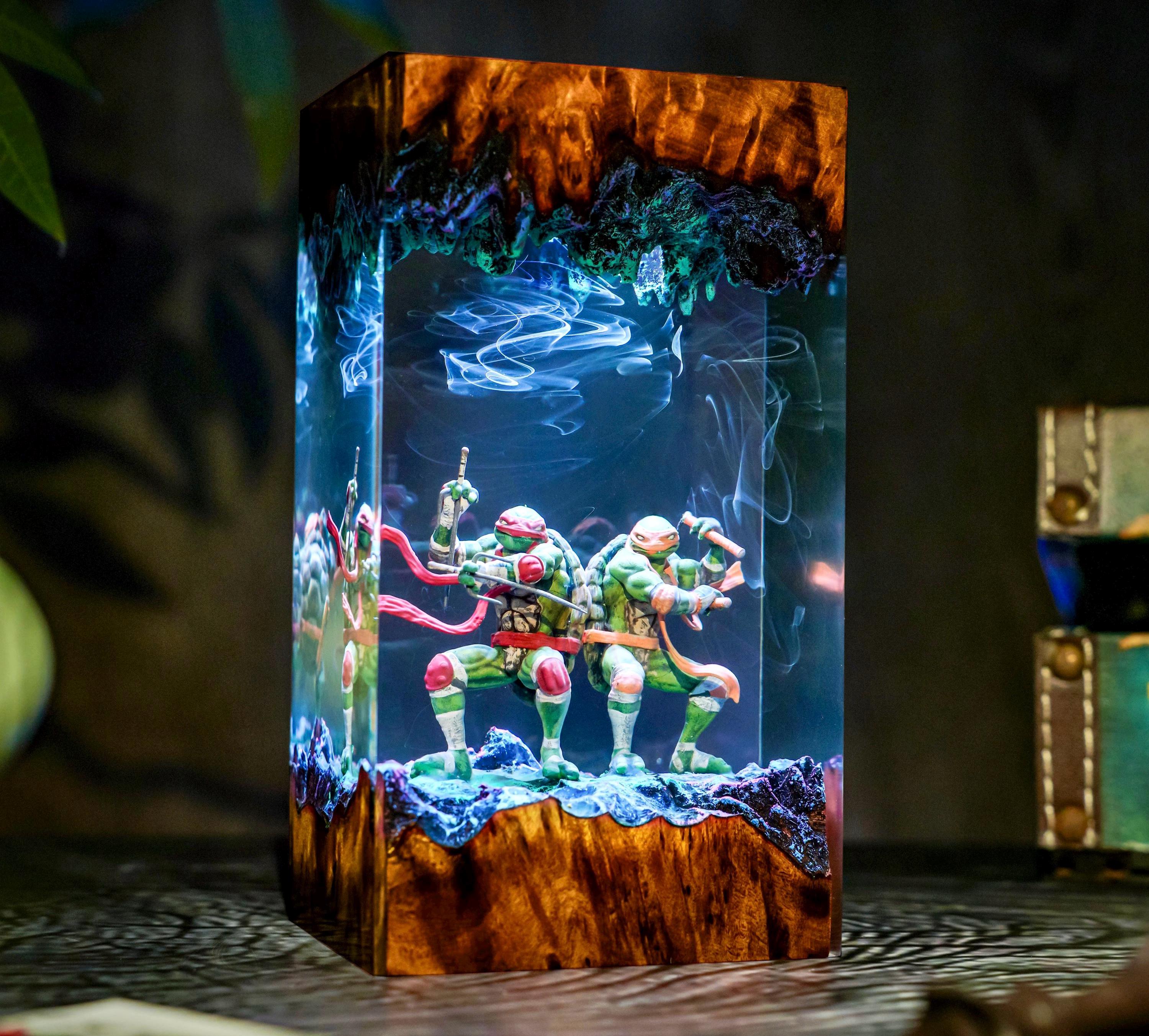 Warrior Turtle Lamp Diorama, Handmade Resin & Wood Night Light, Samurai Turtle Decor, Hero Sewer Lamp Gift, Christmas, gift for him