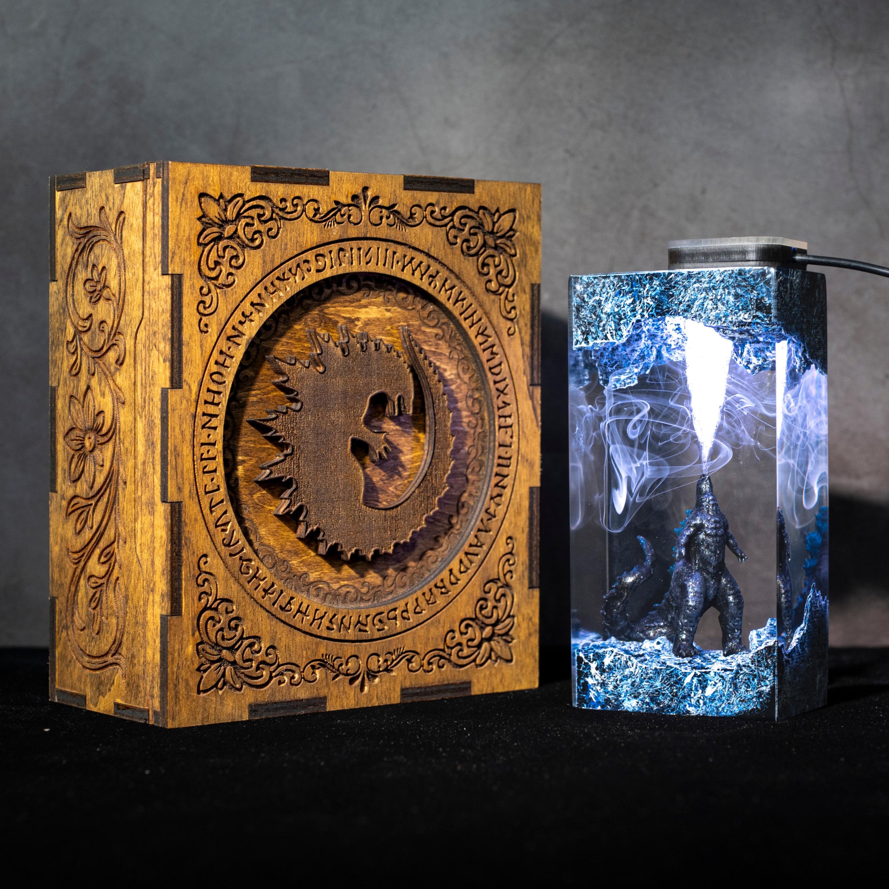 Handmade Beast Diorama Lamp – Epoxy Resin Night Light, godzilla resin lamp, godzilla gift wooden box