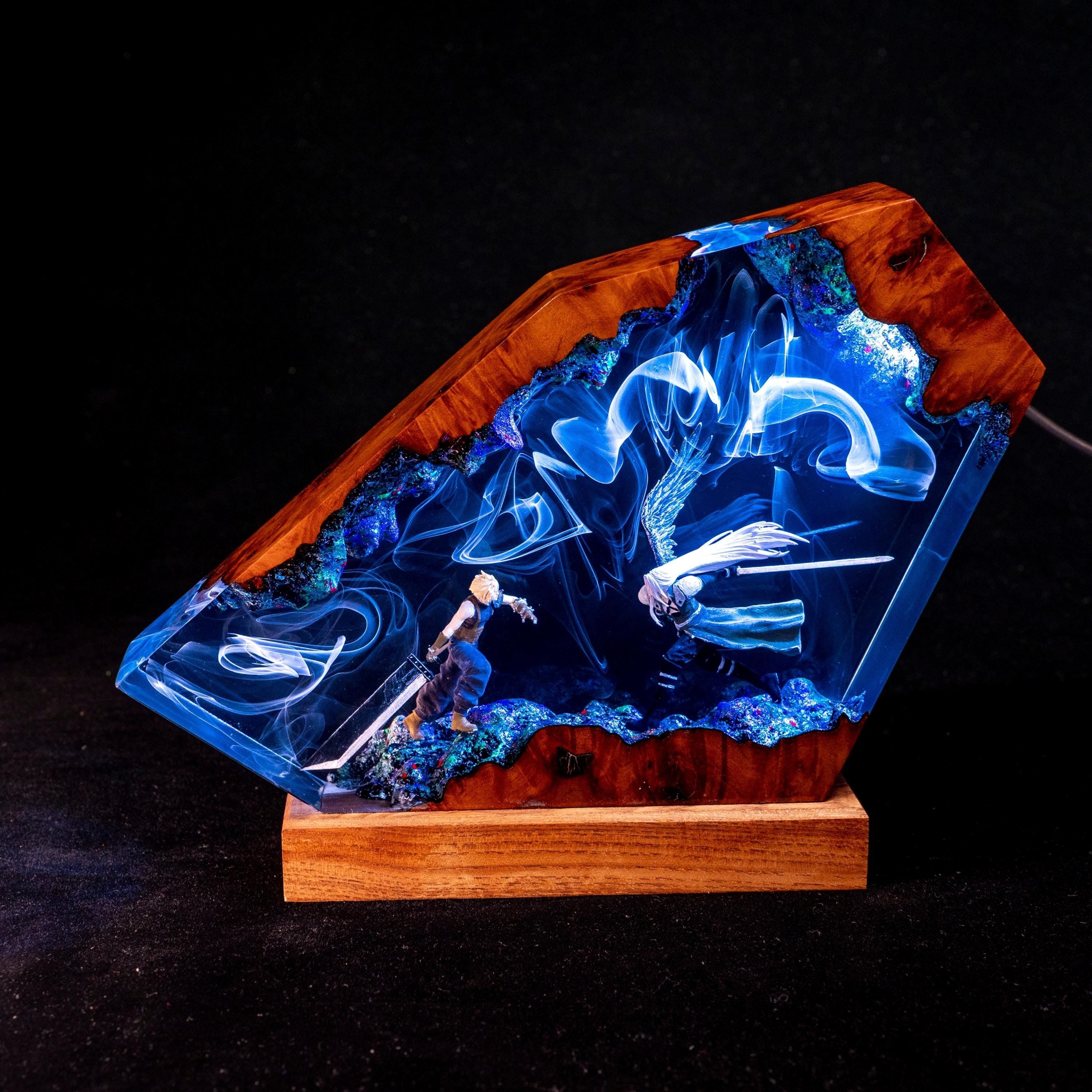 Custom Sephiroth and Cloud Resin Night Light, Epoxy Wood Night Lamp, FF7 Collector Gift
