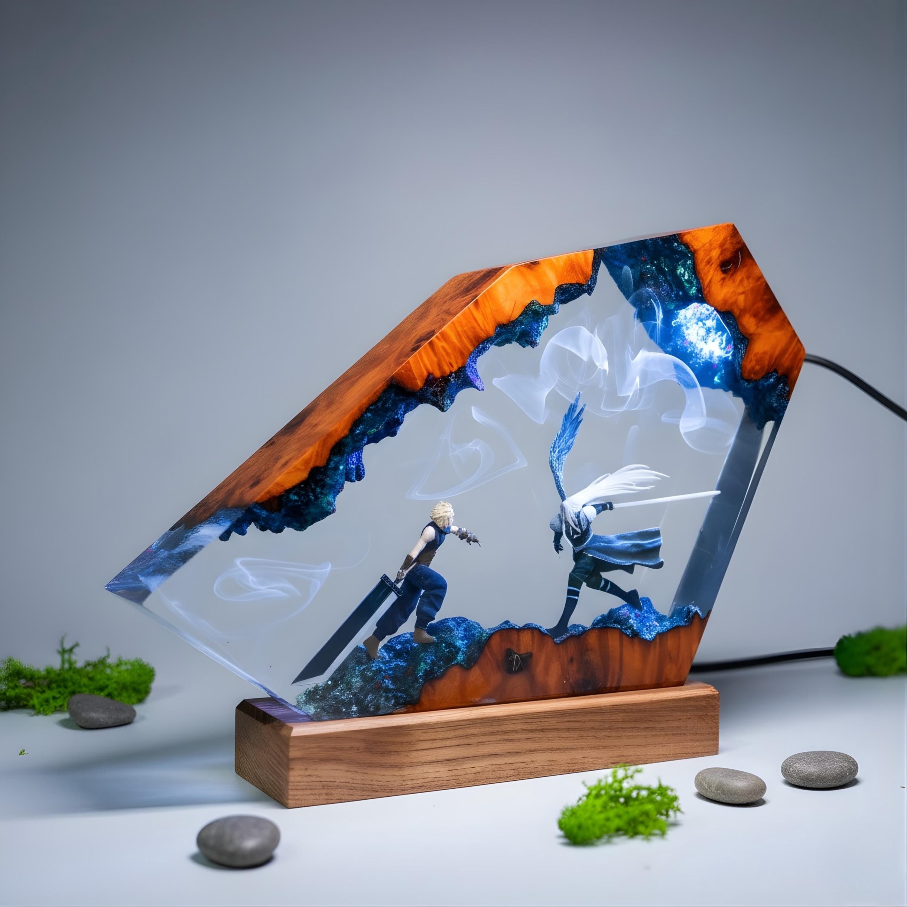 Custom Sephiroth and Cloud Resin Night Light, Epoxy Wood Night Lamp, FF7 Collector Gift