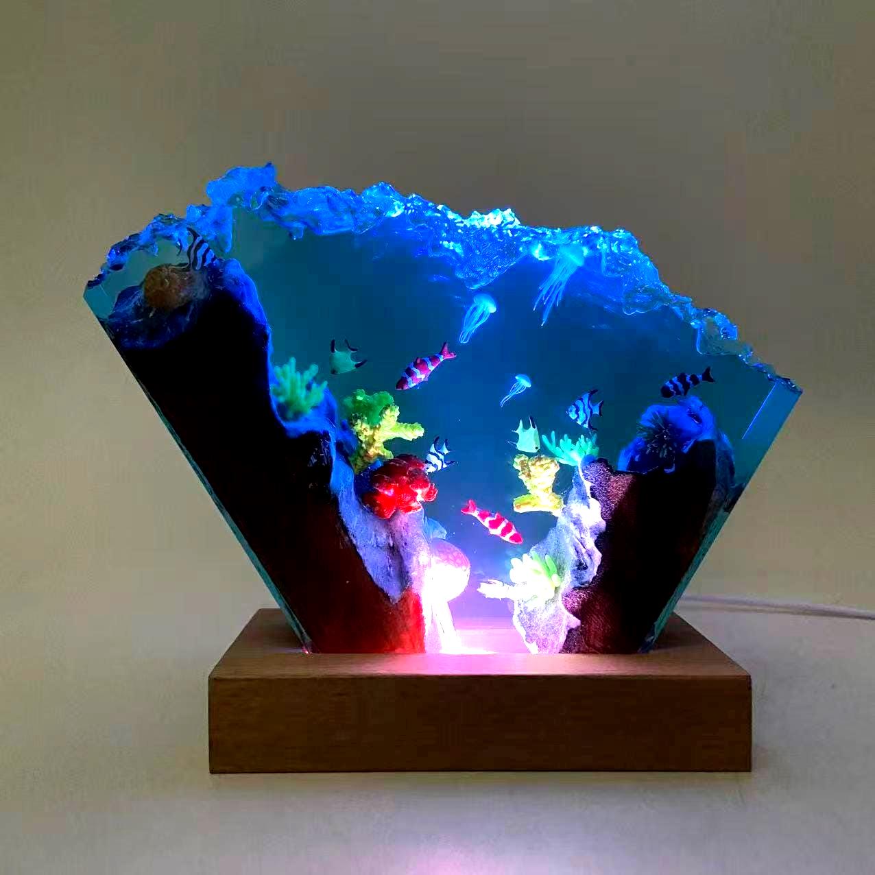 Ocean Resin Lamp, Tropical Fish Scene, Wooden Led Lamp Base, Perfect As A Gift For Friends, Gift For Mom, Halloween Gift