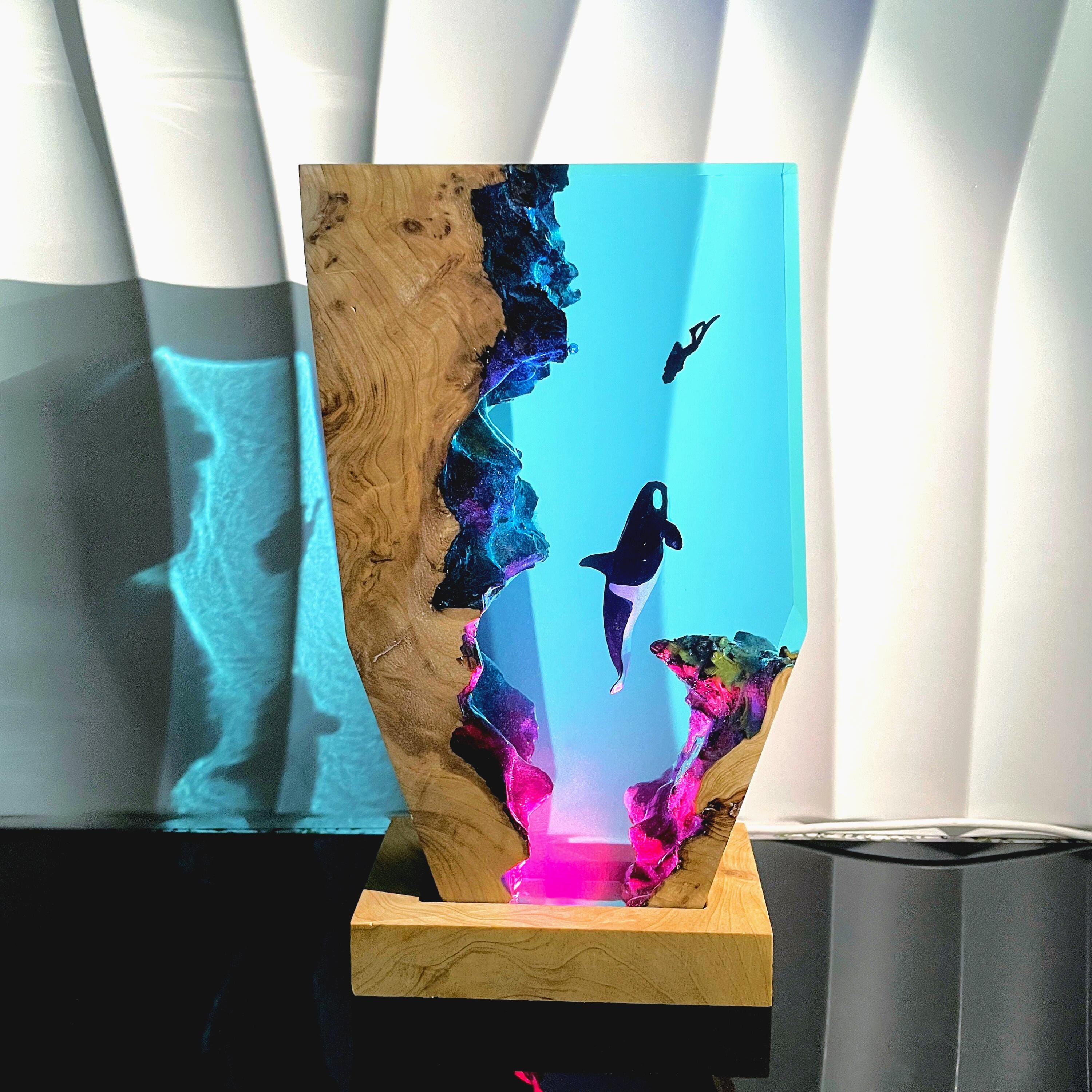 Epoxy Resin Orca Lamp, Undersea Diver Scene, Handmade Wood Base, Diver Encounters Killer Whale, Christmas Gift For Family