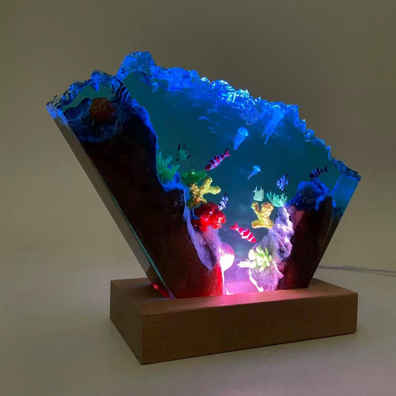 Ocean Resin Lamp, Tropical Fish Scene, Wooden Led Lamp Base, Perfect As A Gift For Friends, Gift For Mom, Halloween Gift