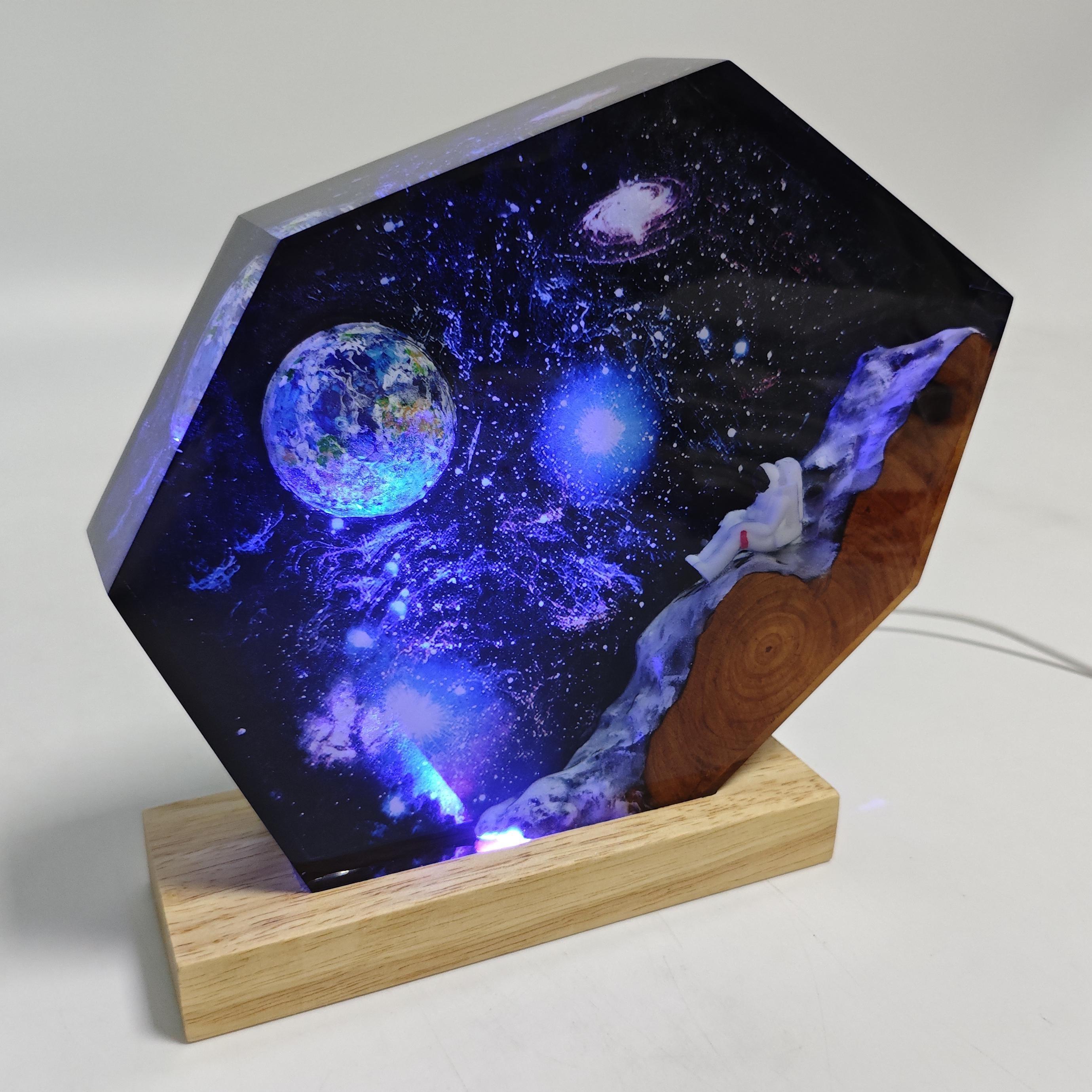 Handmade Interstellar Wood Lamp, Astronaut Galaxy Resin Art, Galaxy Lamp, Space Ship Lamp, Resin Night Light, Personalization Gift