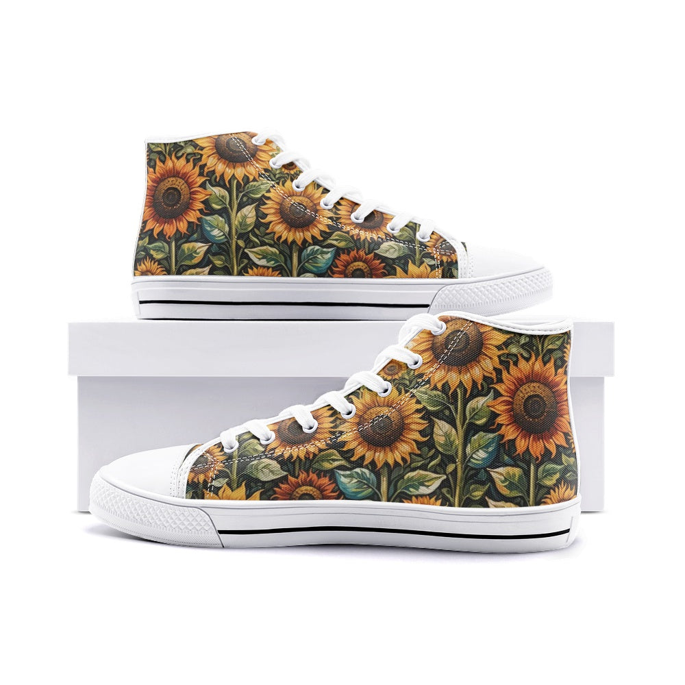 Emerald Blossoms - Sunflower Field, Sunset Art Unisex High Top Canvas Shoes For Hippies