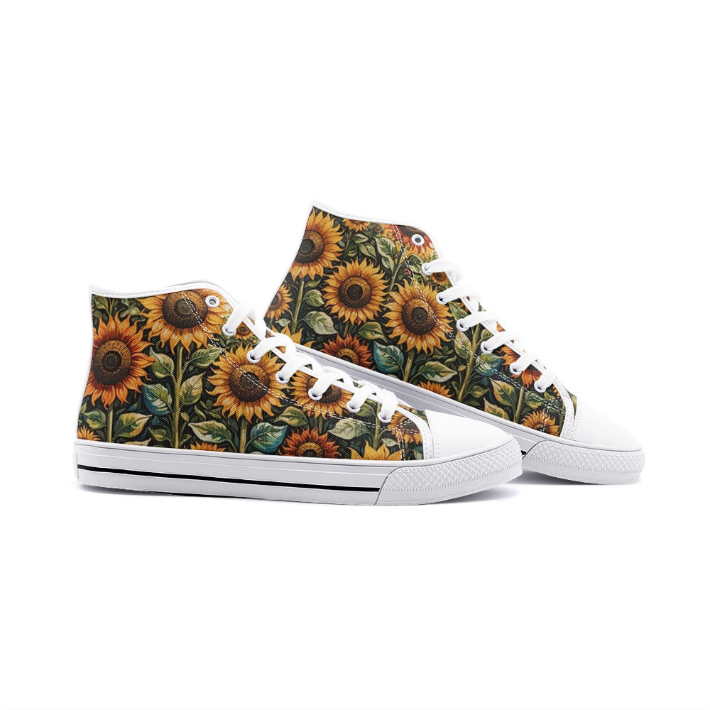 Emerald Blossoms - Sunflower Field, Sunset Art Unisex High Top Canvas Shoes For Hippies