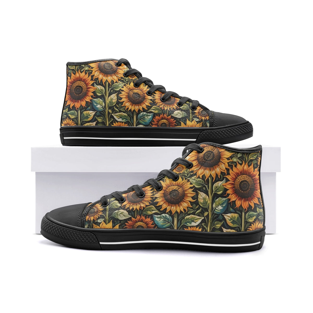 Emerald Blossoms - Sunflower Field, Sunset Art Unisex High Top Canvas Shoes For Hippies