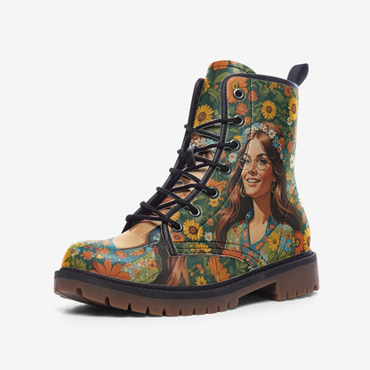 Emerald Blossoms - Cheerful Girl with Flowers Casual Leather Lightweight Boots for Hippies