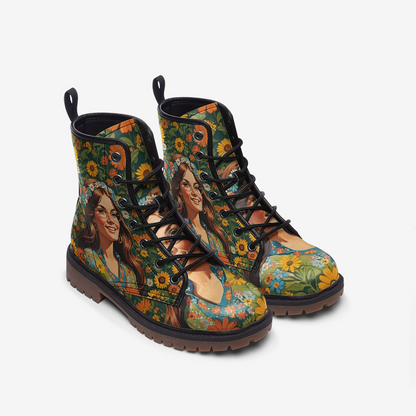 Emerald Blossoms - Cheerful Girl with Flowers Casual Leather Lightweight Boots for Hippies