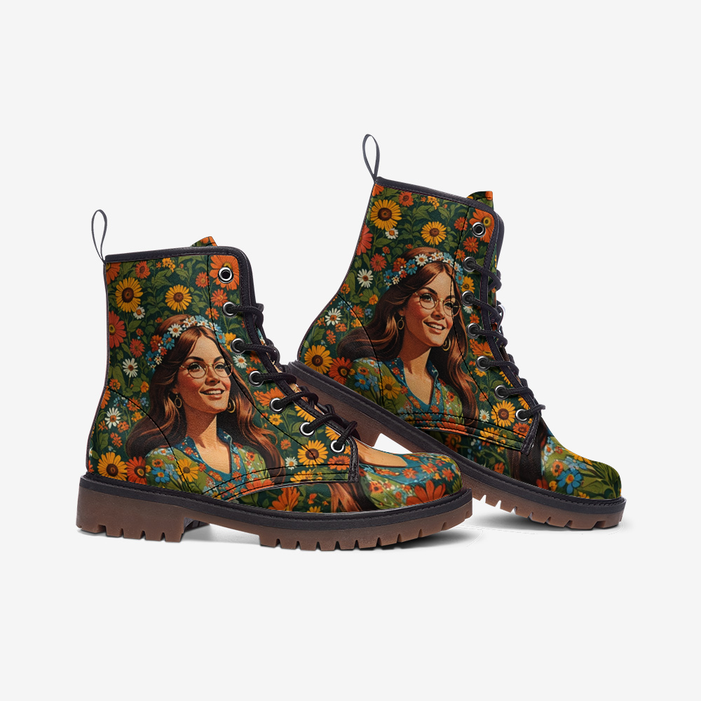 Emerald Blossoms - Cheerful Girl with Flowers Casual Leather Lightweight Boots for Hippies