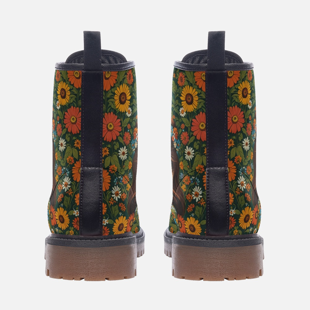 Emerald Blossoms - Cheerful Girl with Flowers Casual Leather Lightweight Boots for Hippies