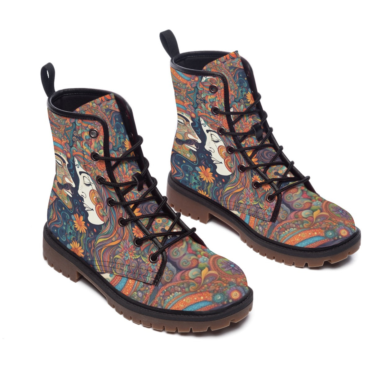 Emerald Blossoms - Hippie Leather Boots with Flower Power Art, Romantic Hippie Couple Design for Boho Lovers