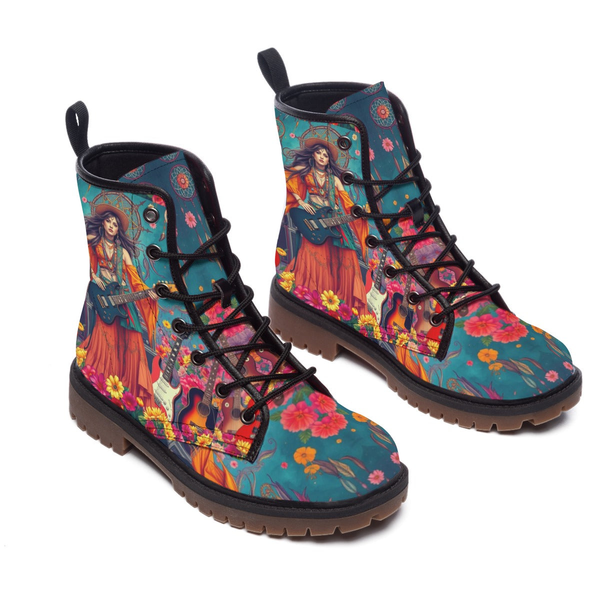 Emerald Blossoms - Hippie Leather Boots with Girl Playing Guitar in Flower Forest, Boho Chic Style Footwear, Hippie Shoes