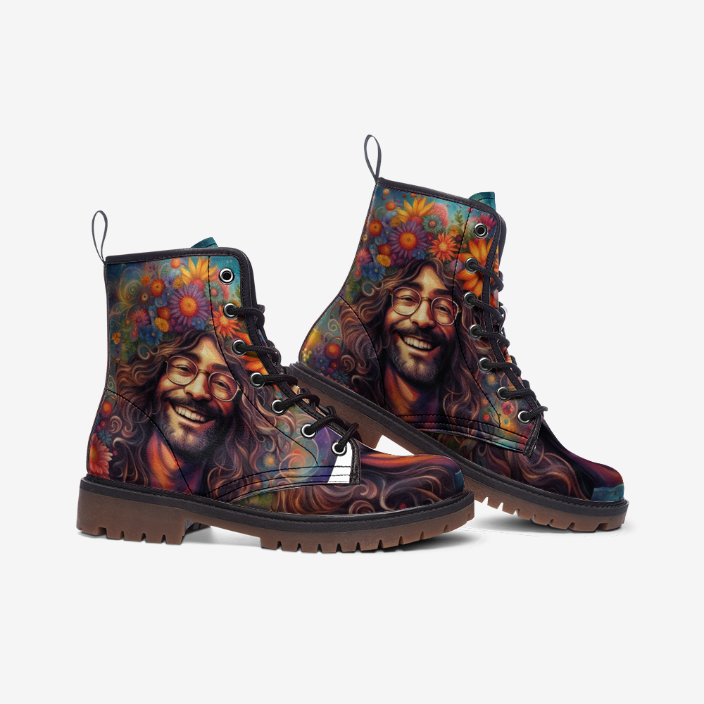 Emerald Blossoms - Cheerful Hippie Guy, Bohemian Man Casual Leather Lightweight Boots For Hippies