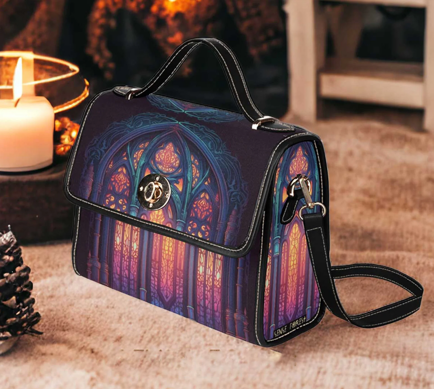 Emerald Blossoms - Medieval Pink Blue Stained Glass Canvas Satchel Bag For Hippies