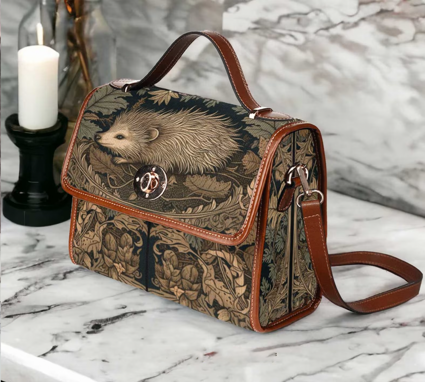 EmeraldBlossoms - Retro Hedgehog In The Wood Canvas Satchel Bag.