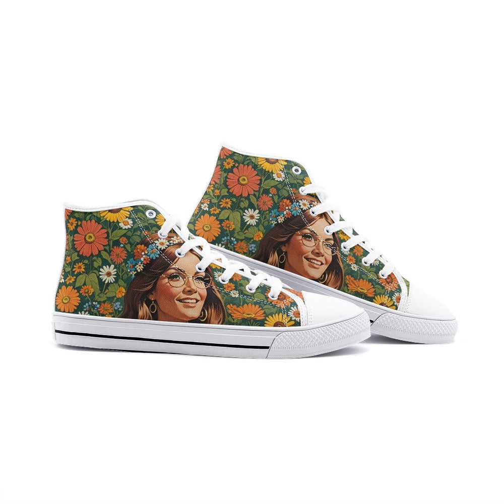 Emerald Blossoms - Boho Girl With Bright Smile Unisex High Top Canvas Shoes For Hippies