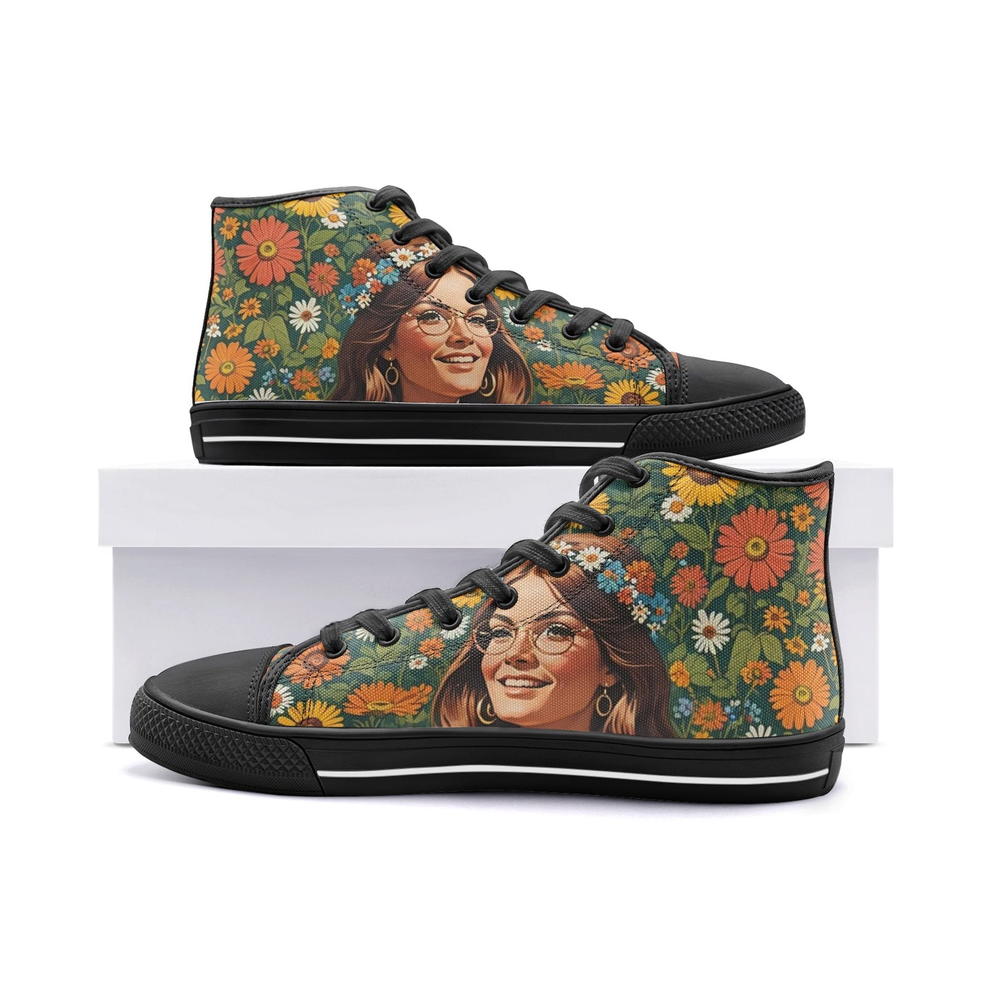 Emerald Blossoms - Boho Girl With Bright Smile Unisex High Top Canvas Shoes For Hippies