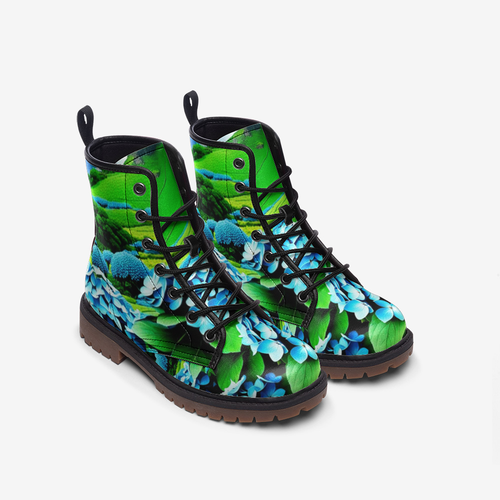 Emerald Blossoms - Beautiful Hydrangeas Flower Casual Leather Lightweight Boots For Hippies