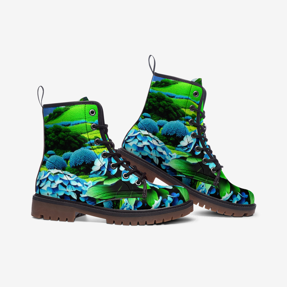 Emerald Blossoms - Beautiful Hydrangeas Flower Casual Leather Lightweight Boots For Hippies