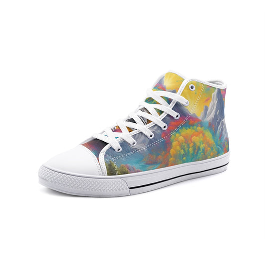 Emerald Blossoms - Gorgeous Mountain View, Hippie Destinations Unisex High Top Canvas Shoes For Hippies