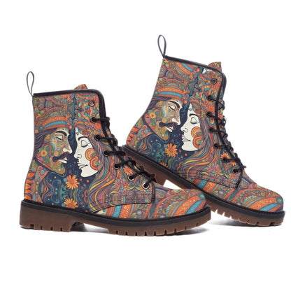 Emerald Blossoms - Hippie Leather Boots with Flower Power Art, Romantic Hippie Couple Design for Boho Lovers