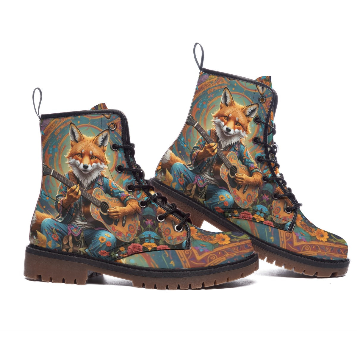 Emerald Blossoms - Hippie Leather Boots With Fox Playing Guitar, Boho Style