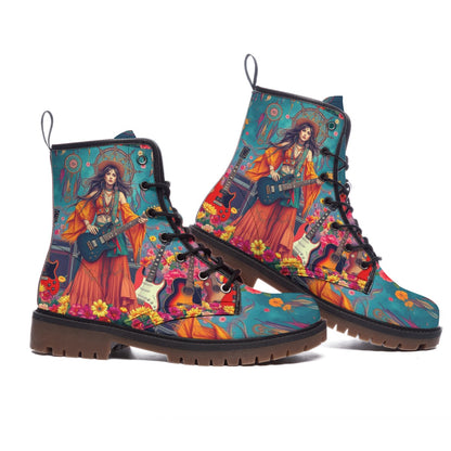 Emerald Blossoms - Hippie Leather Boots with Girl Playing Guitar in Flower Forest, Boho Chic Style Footwear, Hippie Shoes