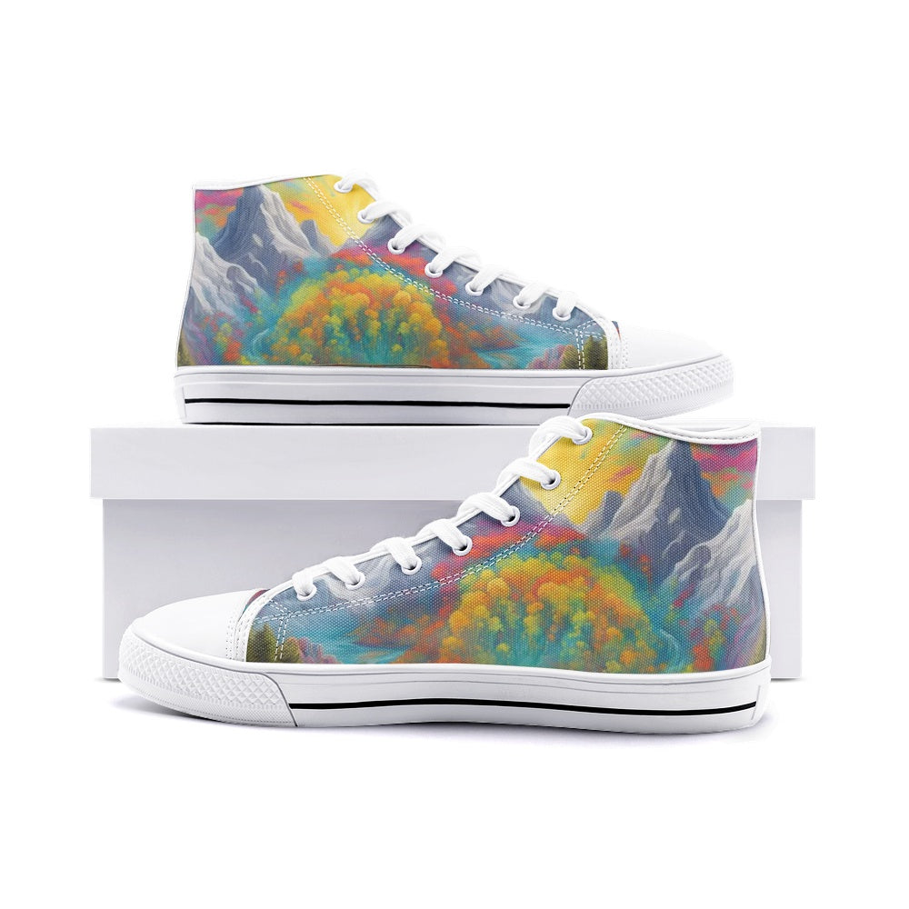 Emerald Blossoms - Gorgeous Mountain View, Hippie Destinations Unisex High Top Canvas Shoes For Hippies