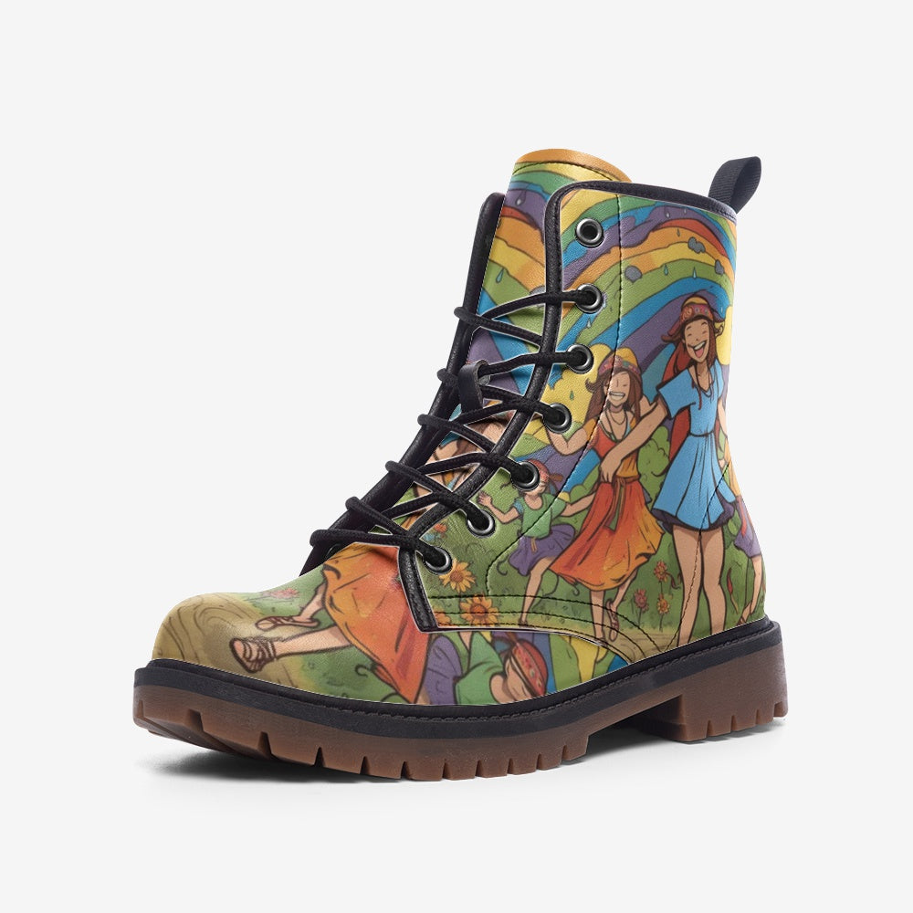 Emerald Blossoms - Rainbow Dancing, Retro Vibes, 70s Style Casual Leather Lightweight Boots For Hippies