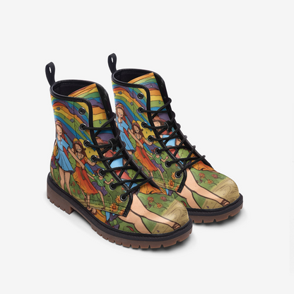 Emerald Blossoms - Rainbow Dancing, Retro Vibes, 70s Style Casual Leather Lightweight Boots For Hippies