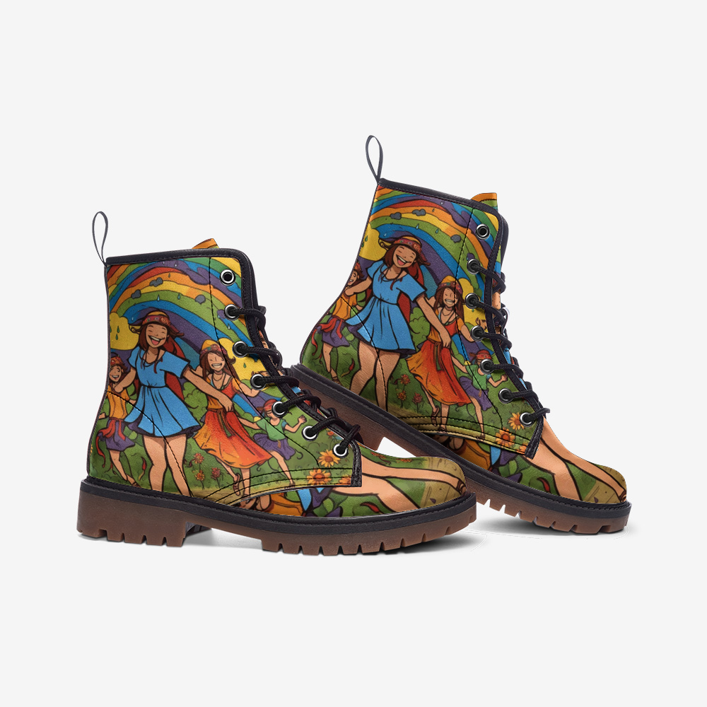 Emerald Blossoms - Rainbow Dancing, Retro Vibes, 70s Style Casual Leather Lightweight Boots For Hippies