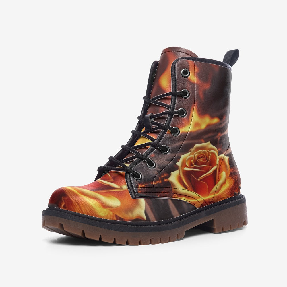 Emerald Blossoms - Burning Rose Flower on Leather Lightweight Boots for Hippies