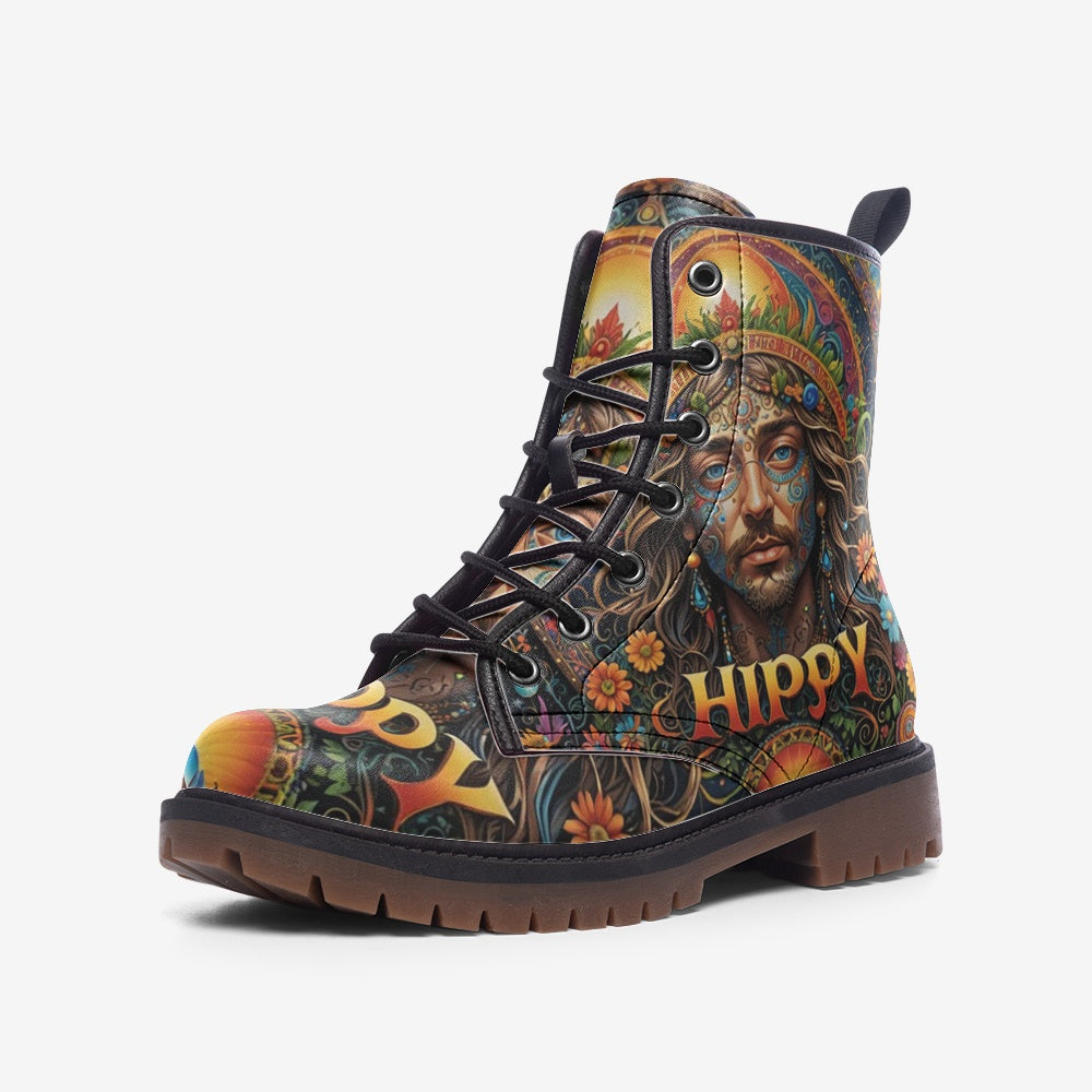 Emerald Blossoms - Hippie Guy on Leather Lightweight Boots for Hippies