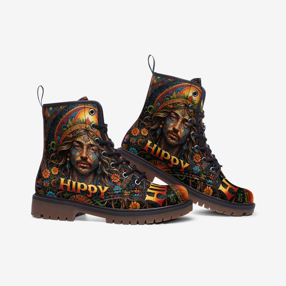 Emerald Blossoms - Hippie Guy on Leather Lightweight Boots for Hippies