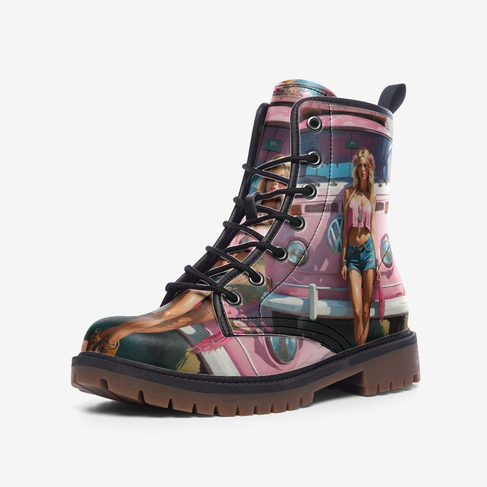 Emerald Blossoms - Pink Girl, Summer Trips, Van Life Casual Leather Lightweight Boots For Hippies