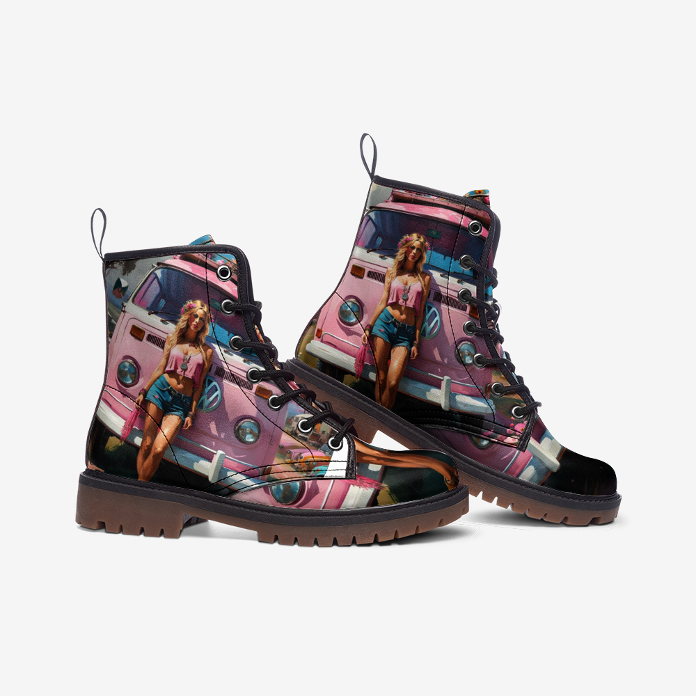 Emerald Blossoms - Pink Girl, Summer Trips, Van Life Casual Leather Lightweight Boots For Hippies