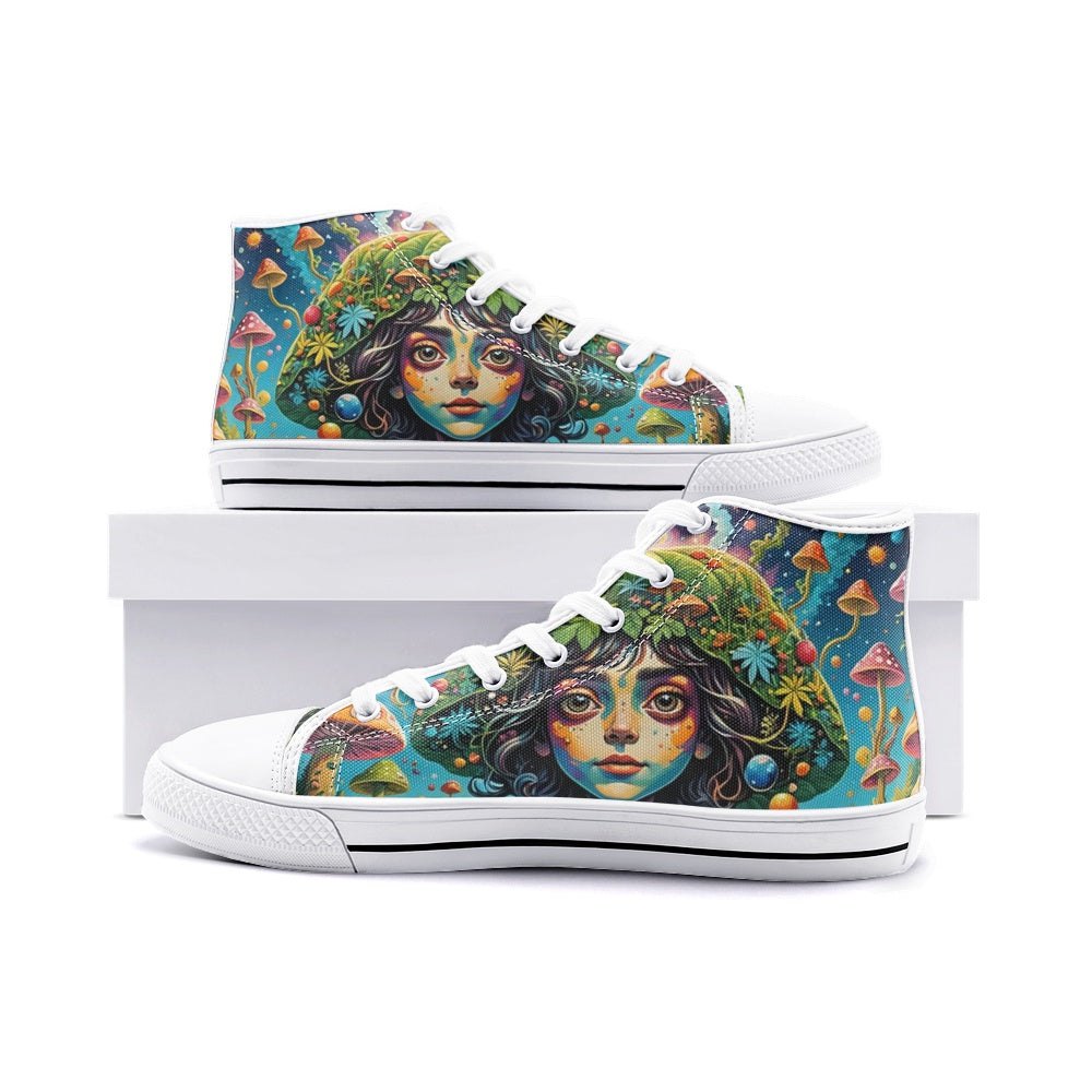 Emerald Blossoms - Natural Beauty, Green Planet, Mushroom Girl Unisex High Top Canvas Shoes For Hippies