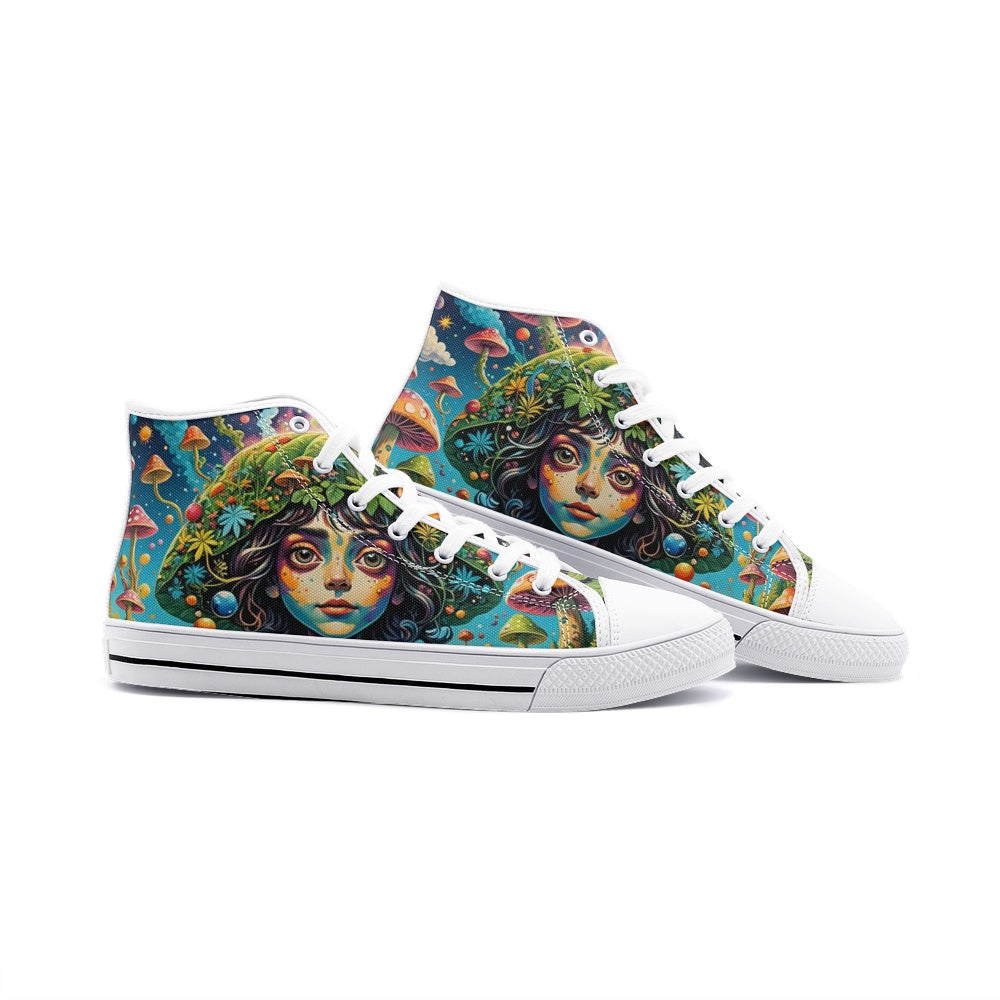 Emerald Blossoms - Natural Beauty, Green Planet, Mushroom Girl Unisex High Top Canvas Shoes For Hippies