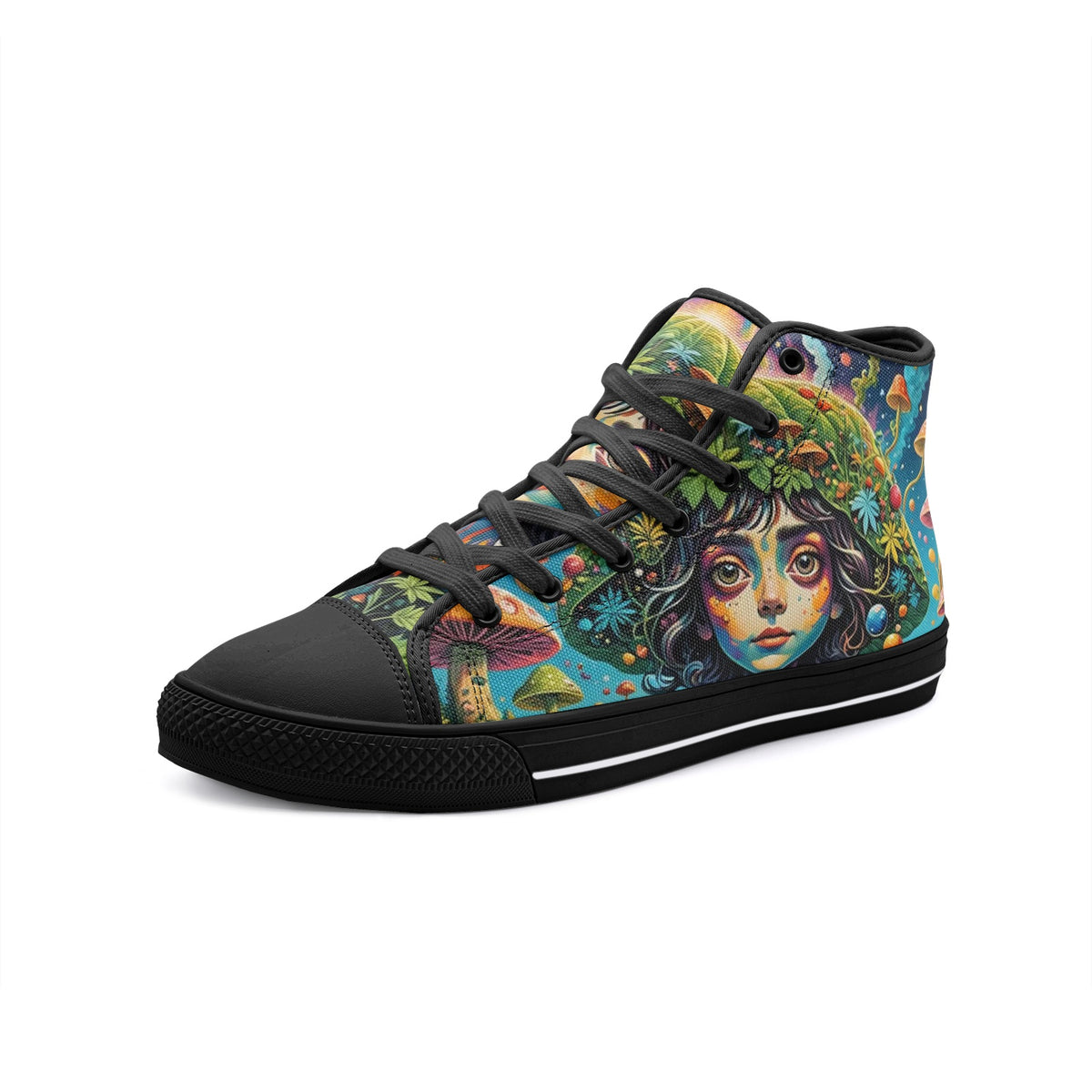 Emerald Blossoms - Natural Beauty, Green Planet, Mushroom Girl Unisex High Top Canvas Shoes For Hippies