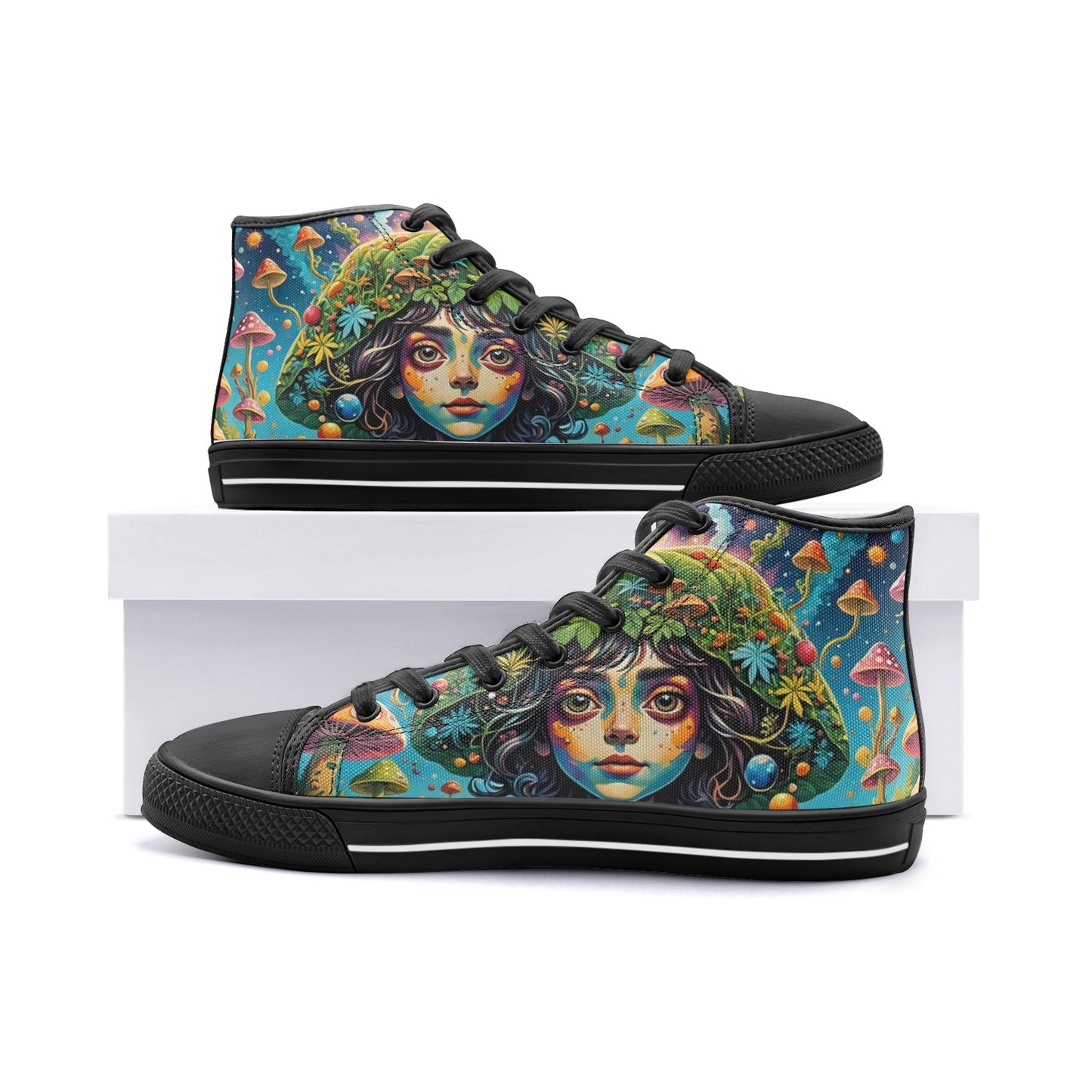 Emerald Blossoms - Natural Beauty, Green Planet, Mushroom Girl Unisex High Top Canvas Shoes For Hippies