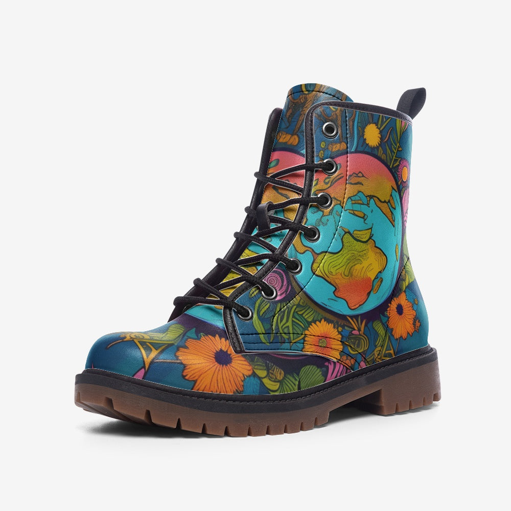 Emerald Blossoms - Psychedelic Earth Artwork On Casual Leather Lightweight Boots For Hippies