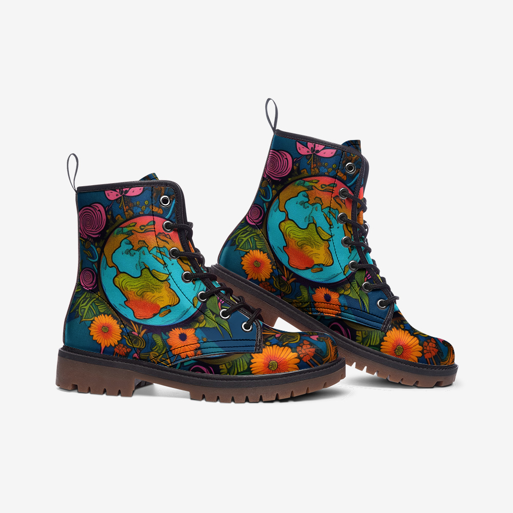 Emerald Blossoms - Psychedelic Earth Artwork On Casual Leather Lightweight Boots For Hippies